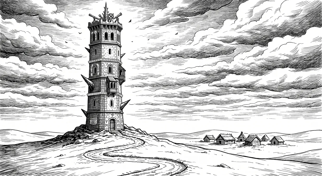 Ein schlanker Turm auf einer Kuppe über einem Dorf, in Federzeichnung.
