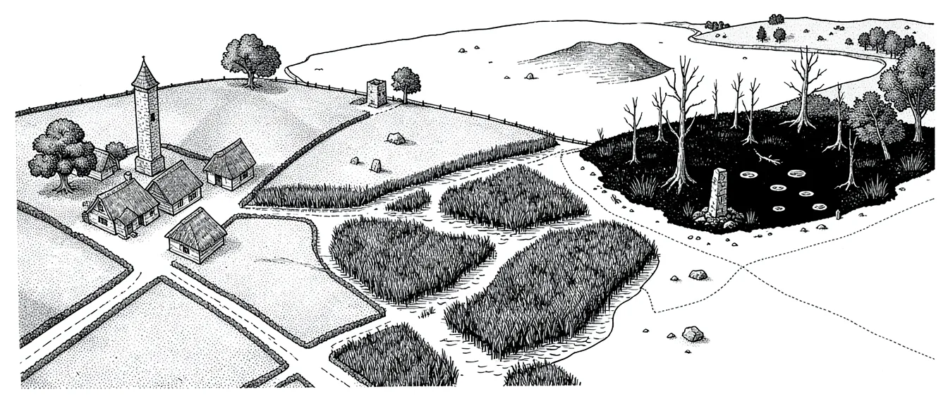 Schrägkarte der Ambermarch mit Dorf und Turm, Feldern, Marsch und einem schwarzen Moor, in Federzeichnung.
